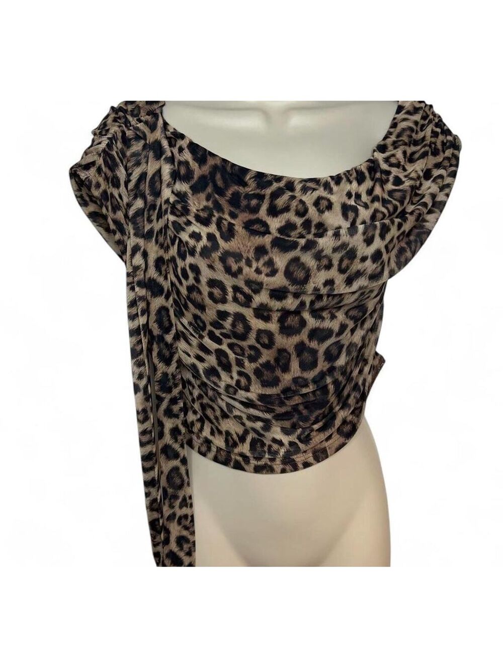 Fashion Nova Top Medium Leopard Print Ruched Asymmetrical Cowl Neck Blouse